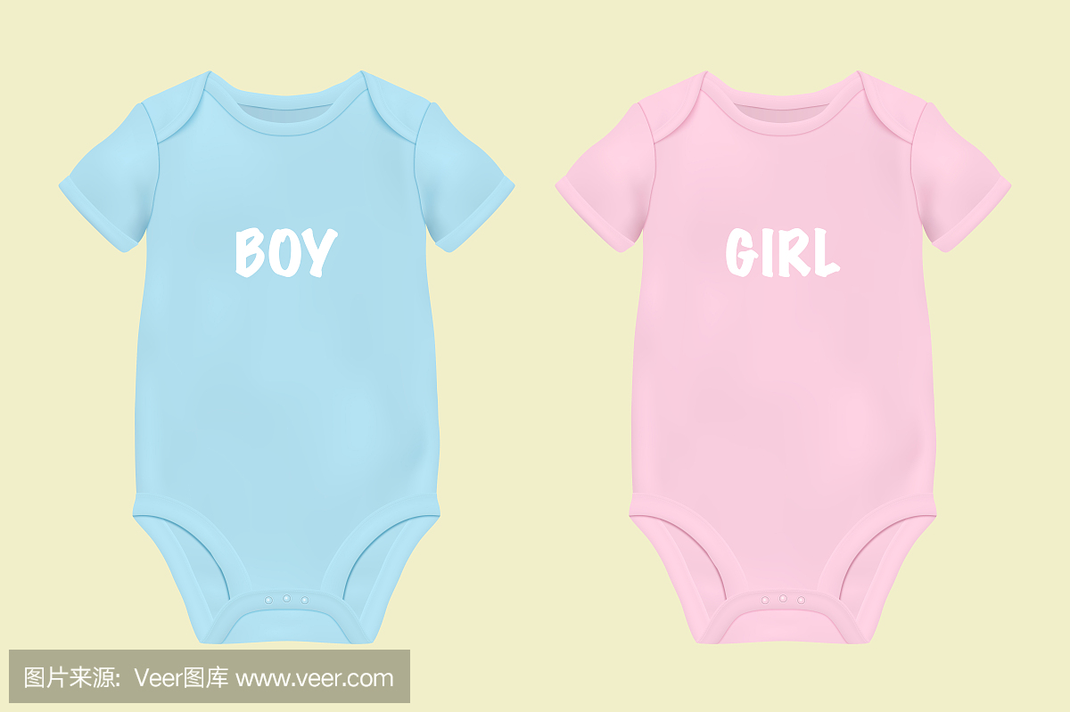 向量现实的蓝色和粉红色空白婴儿紧身衣模板,模型特写孤立在白色。正面和背面。身体儿童,婴儿衬衫,连体衣。配件,新生儿的衣服。俯视图